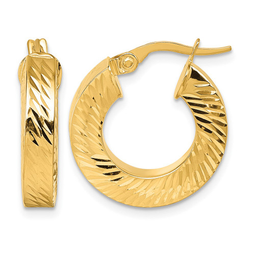 14K Yellow Gold Polished and Diamond-Cut 4.00 mm X 18 mm Square Tube Round Hoop Earrings, 19.5 mm Long