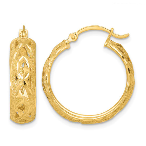 14K Yellow Gold Polished Laser and Diamond-Cut 6.15 x 21 mm Fancy Design Round Hoop Earrings, 23 mm Long