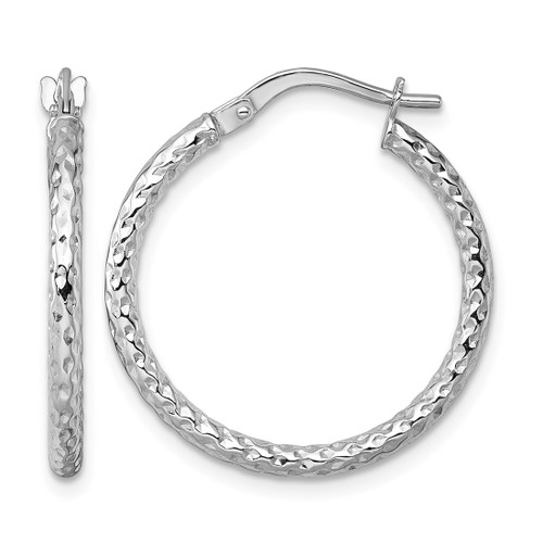 Rhodium-Plated 14K White Gold Polished Diamond-Cut Textured 2.00 x 23 mm Tube Hoop Earrings