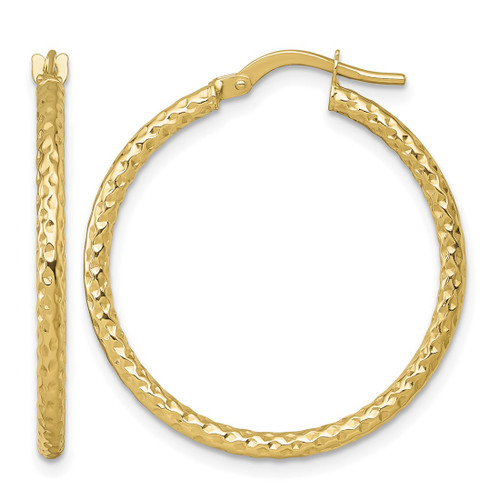14K Yellow Gold Polished Diamond-Cut Textured 2.00 x 28 mm Tube Hoop Earrings, 30 mm Long
