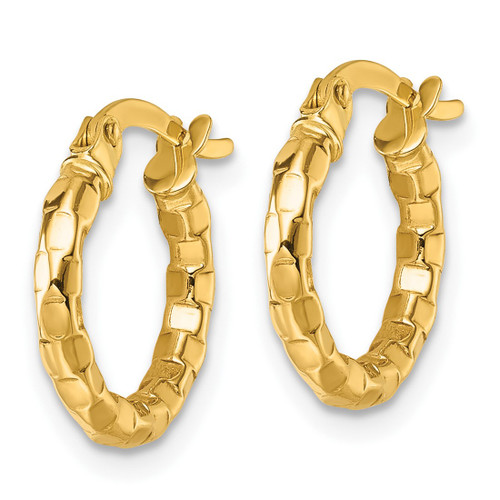 14K Yellow Gold Hollow Polished 2.3 x 14 mm Textured Tube Hoop Earrings, 15 mm Long - View 2