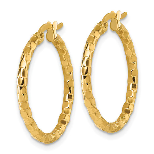 14K Yellow Gold Hollow Polished 2.3 x 24 mm Textured Tube Hoop Earrings, 25 mm Long - View 2