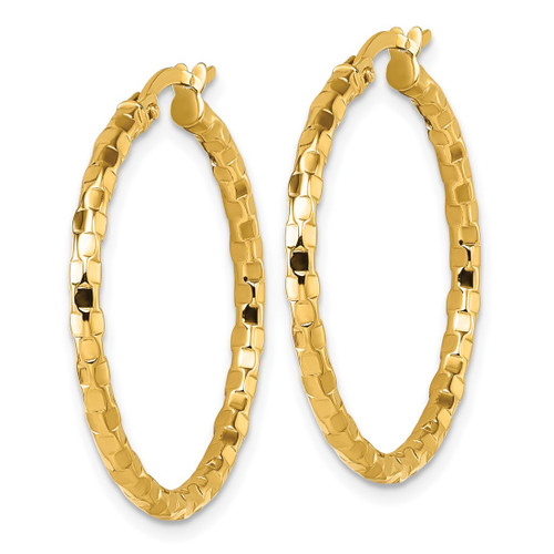 14K Yellow Gold Hollow Polished 2.3 x 30 mm Textured Tube Hoop Earrings - View 2