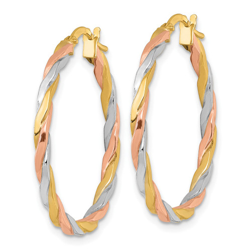 14K Yellow Gold Hollow with Rose and White Rhodium Polished Twisted 2.00 x 28 mm Tube Hoop Earrings, 30 mm Long - View 2