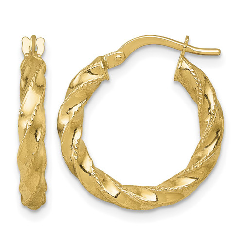 14K Yellow Gold Polished Diamond-Cut Twisted 3.00 x 20 mm Tube Hoop Earrings, 21 mm Long