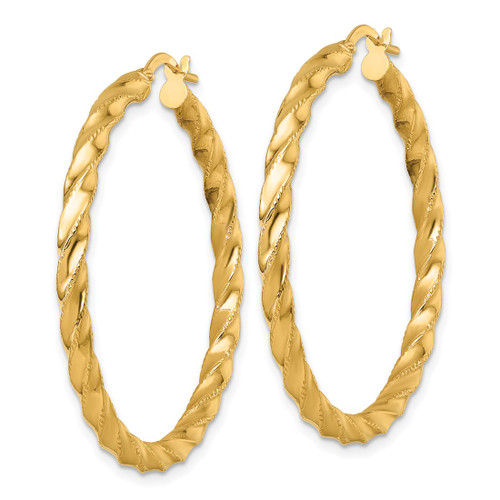 14K Yellow Gold Polished Diamond-Cut Twisted 3.00 x 40 mm Tube Hoop Earrings - View 2
