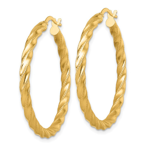 14K Yellow Gold Polished Diamond-Cut Twisted 3.00 x 35 mm Tube Hoop Earrings - View 2