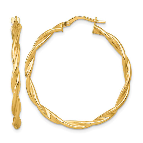 14K Yellow Gold Polished Twisted 2.75 x 35 mm Tube Hoop Earrings, 37 mm Long