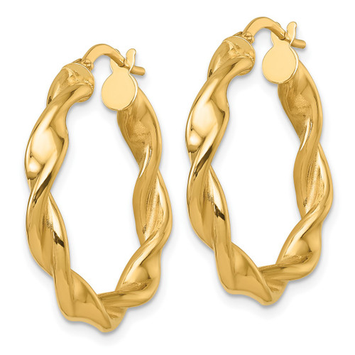 14K Yellow Gold Hollow Polished Twisted 4.00 x 27 mm Tube Hoop Earrings, 28 mm Long - View 2