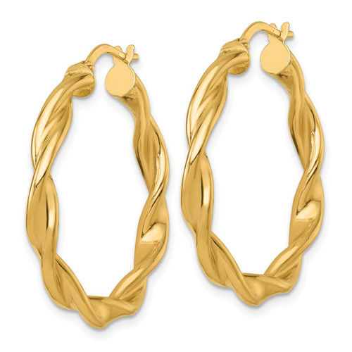 14K Yellow Gold Hollow Polished Twisted 4.00 x 33 mm Tube Hoop Earrings, 34 mm Long - View 2