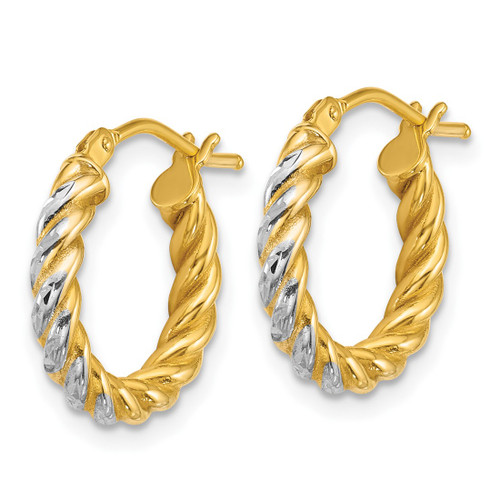 14K Yellow Gold with White Rhodium Polished Diamond-Cut Twisted 2.75 mm Tube Hoop Earrings, 15 mm Long - View 2