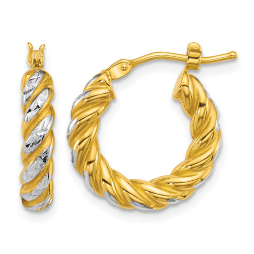 14K Yellow Gold with White Rhodium Polished Diamond-Cut Twisted 3.75 mm Tube Hoop Earrings, 17 mm Long