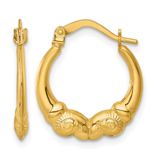 14K Yellow Gold Hollow Polished 16.00 mm Rams Head Hollow Hoop Earrings, 18.5 mm Long