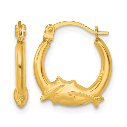 14K Yellow Gold Hollow Polished Two Dolphins Hollow Hoop Earrings, 15 mm