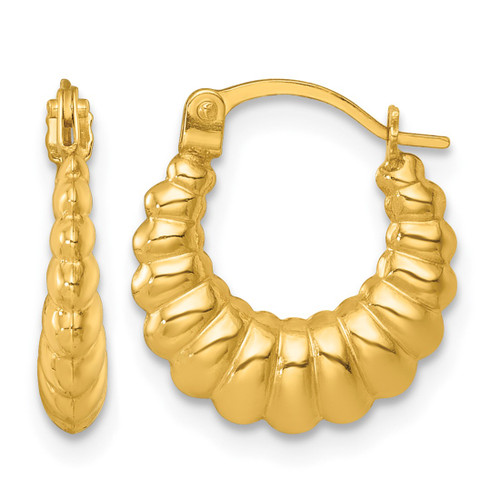 14K Yellow Gold Hollow Polished Scalloped Hollow Hoop Earrings, 13 mm