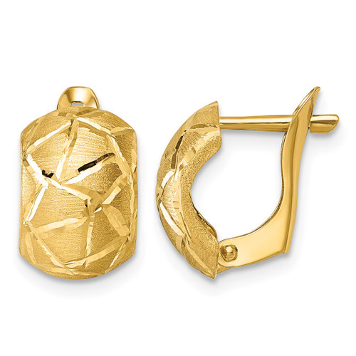14K Yellow Gold Polished and Brushed Diamond-Cut Omega Back Hoop Earrings, 15 mm