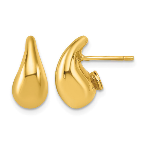 14K Yellow Gold Hollow Polished 3D Curved Puffed Teardrop Stud Earrings, 14.5 mm