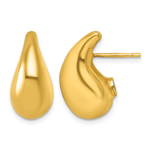 14K Yellow Gold Hollow Polished 3D Curved Puffed Teardrop Stud Earrings, 19 mm