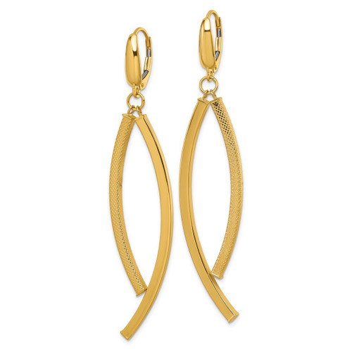 14K Yellow Gold Hollow Polished and Textured Curved Bars Dangle Leverback Drop Earrings, 58 mm - View 2