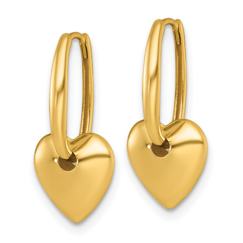 14K Yellow Gold Hollow Polished Dangle Puffed Heart Hinged Hoop Drop Earrings, 21.6 mm - View 2