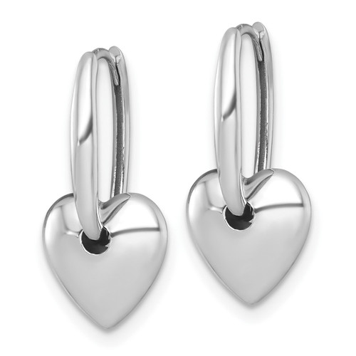 Rhodium-Plated 14K White Gold Polished Dangle Puffed Heart Hinged Hoop Drop Earrings, 21.6 mm - View 2