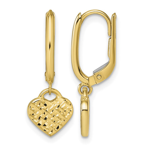 14K Yellow Gold Polished Diamond-Cut Heart Dangle Leverback Drop Earrings, 24.4 mm