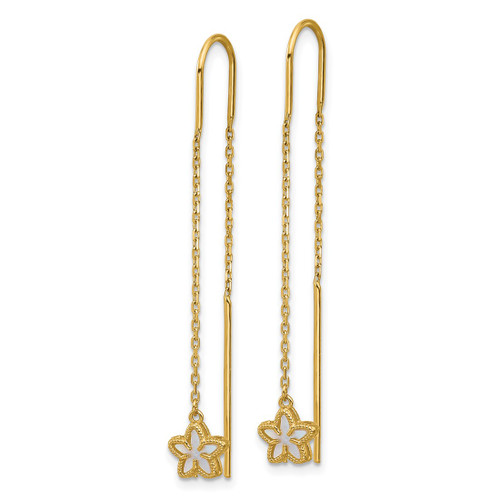 14K Yellow Gold Polished Mother of Pearl Flower Cable Chain Threader Drop Earrings, 48.6 mm - View 2