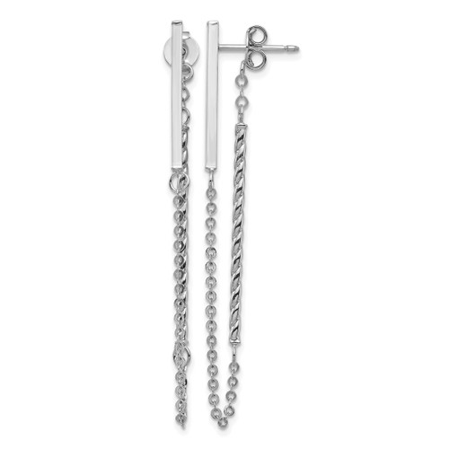 Rhodium-Plated 14K White Gold Polished and Twisted Bar with Chain Post Drop Earrings, 56 mm