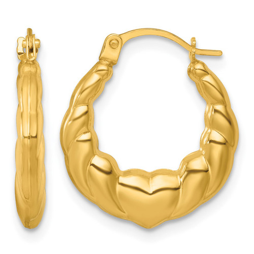 14K Yellow Gold Hollow Polished Heart Scalloped Round Hollow Hoop Earrings, 17 mm