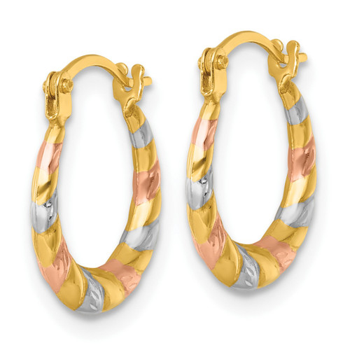 14K Yellow Gold Hollow with White Rhodium and Rose Gold-Plating Diamond Cut Polished 2.25 mm Twisted Hollow Hoop Earrings, 13 mm Long - View 2