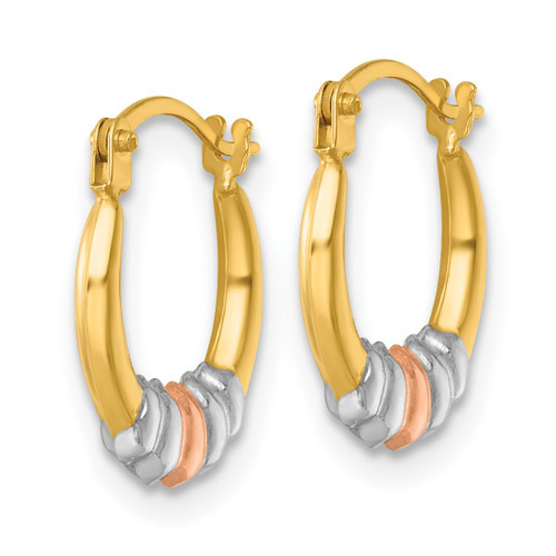 14K Yellow Gold Hollow with White Rhodium and Rose Gold-Plating Polished Hollow Round Hoop Earrings, 12 mm - View 2