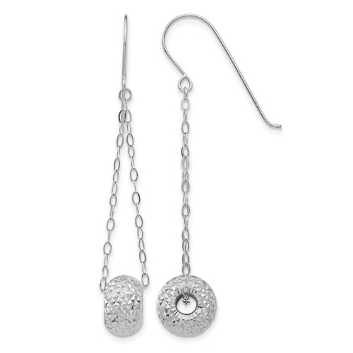 Rhodium-Plated 14K White Gold Chain with Diamond-Cut 8 mm Puffed Donut Bead Dangle French Hook Drop French Wire Earrings, 51 mm Long