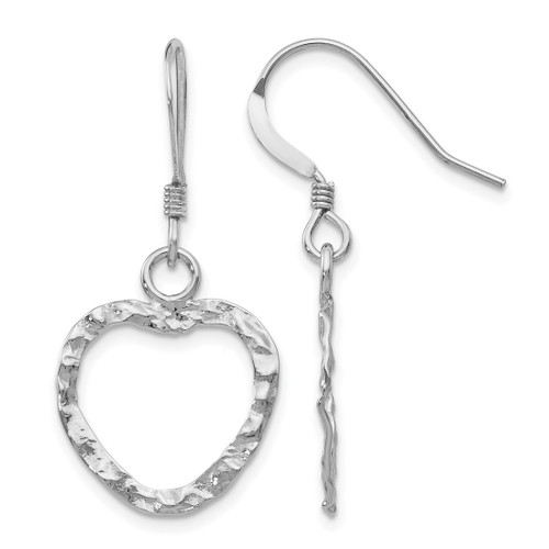 Sterling Silver Rhodium-Plated-Pltd Textured Heart Shepherd Hook Drop French Wire Earrings, 33 mm