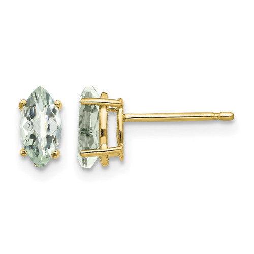 14K Yellow Gold 7 x 3.5 Marquise Checker-Cut Green Quartz Stud Earrings, 8 mm