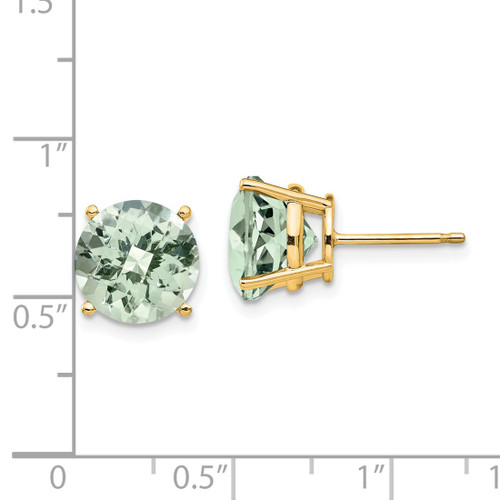 14K Yellow Gold 10 mm Round Checker-Cut Green Quartz Stud Earrings, 11 mm Long - View 2