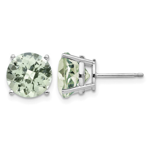Rhodium-Plated 14K White Gold 10 mm Round Checker-Cut Green Quartz Stud Earrings, 11 mm Long