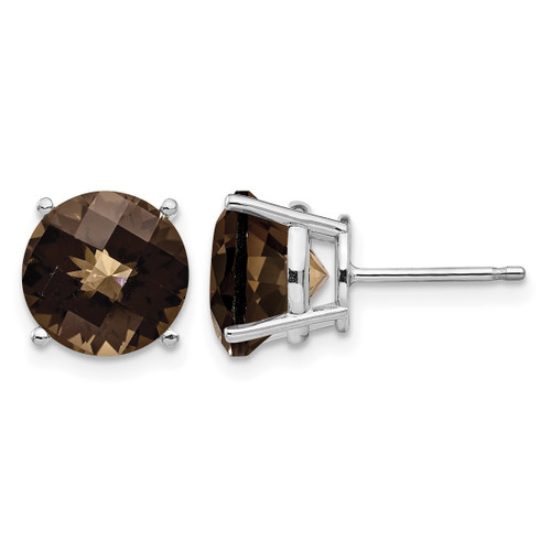 Rhodium-Plated 14K White Gold 10 mm Round Checker-Cut Smoky Quartz Stud Earrings, 11 mm Long