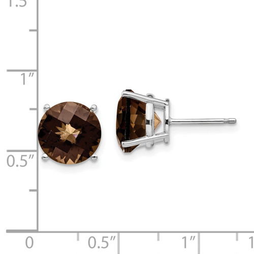 Rhodium-Plated 14K White Gold 10 mm Round Checker-Cut Smoky Quartz Stud Earrings, 11 mm Long - View 2