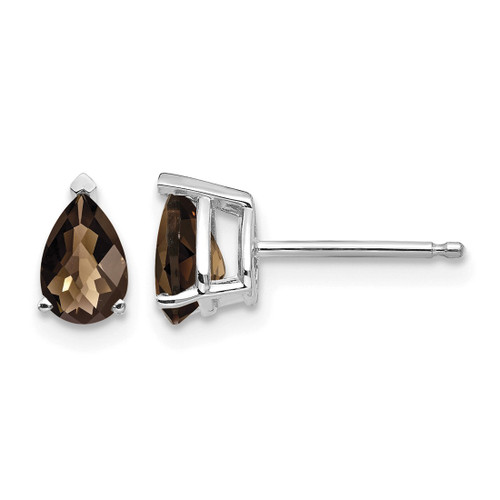 Rhodium-Plated 14K White Gold 6 x 4 Pear Checker-Cut Smoky Quartz Stud Earrings, 7 mm