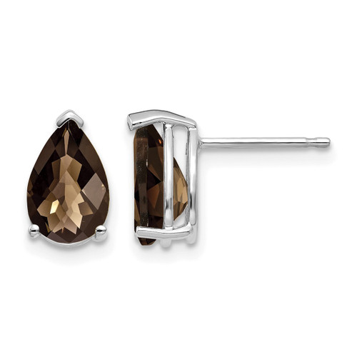 Rhodium-Plated 14K White Gold 9 x 6 Pear Checker-Cut Smoky Quartz Stud Earrings, 11 mm