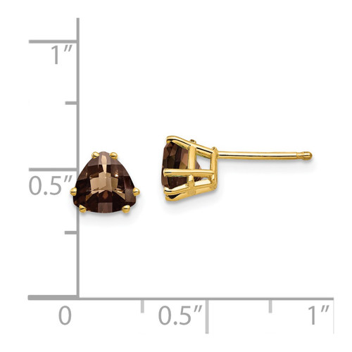 14K Yellow Gold 6 mm Trillion Checker-Cut Smoky Quartz Stud Earrings, 7 mm Long - View 2
