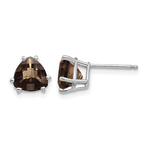 Rhodium-Plated 14K White Gold 7 mm Trillion Checker-Cut Smoky Quartz Stud Earrings, 8 mm Long