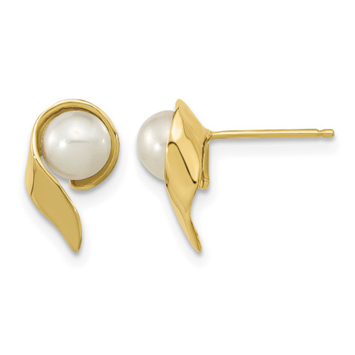 14K Yellow Gold 5-6 mm White Button Cultured Freshwater Pearl Stud Earrings, 11.45 mm Long
