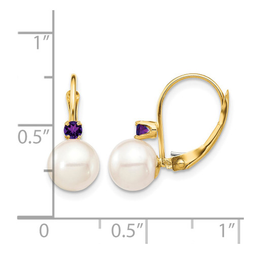 14K Yellow Gold 7-7.5 mm White Round Cultured Freshwater Pearl and.14AM Amethyst Leverback Drop Earrings, 16 mm Long - View 2