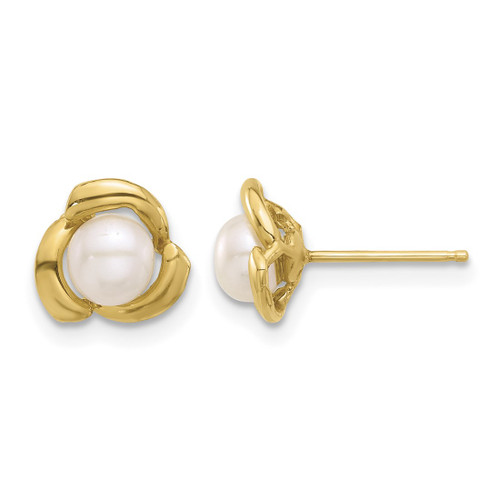 14K Yellow Gold 4-5 mm Round White Cultured Freshwater Pearl Flower Stud Earrings, 8.3 mm Long