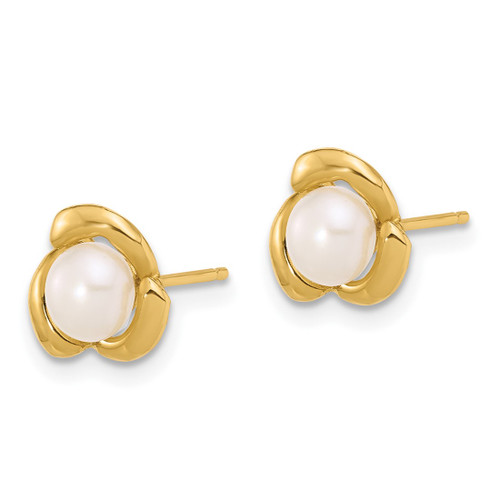 14K Yellow Gold 4-5 mm Round White Cultured Freshwater Pearl Flower Stud Earrings, 8.3 mm Long - View 2