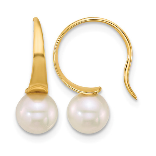 14K Yellow Gold Polished 6-7 mm Round White Cultured Freshwater Pearl Dangle Stud Earrings, 16.5 mm Long