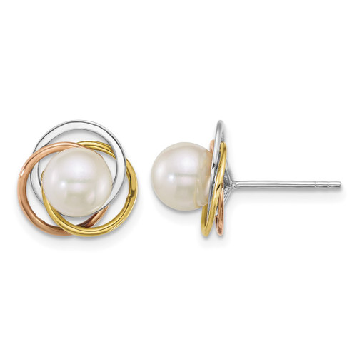 14K Tri-Color Gold Polished 6-7 mm Round White Cultured South Sea Pearl Love Knot Stud Earrings, 11.5 mm Long