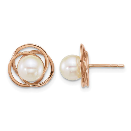 14K Rose Gold Polished 6-7 mm Round White Cultured South Sea Pearl Love Knot Stud Earrings, 11.65 mm Long