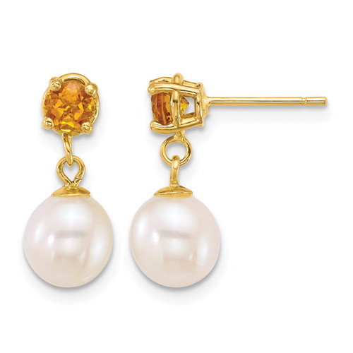 14K Yellow Gold Polished 7-8 mm Round White Cultured Freshwater Pearl and Citrine Dangle Earrings, 16.3 mm Long